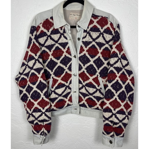 Free People Lakeside Denim Jacket Western Chunky Knit Size Med/ Large - Picture 1 of 12